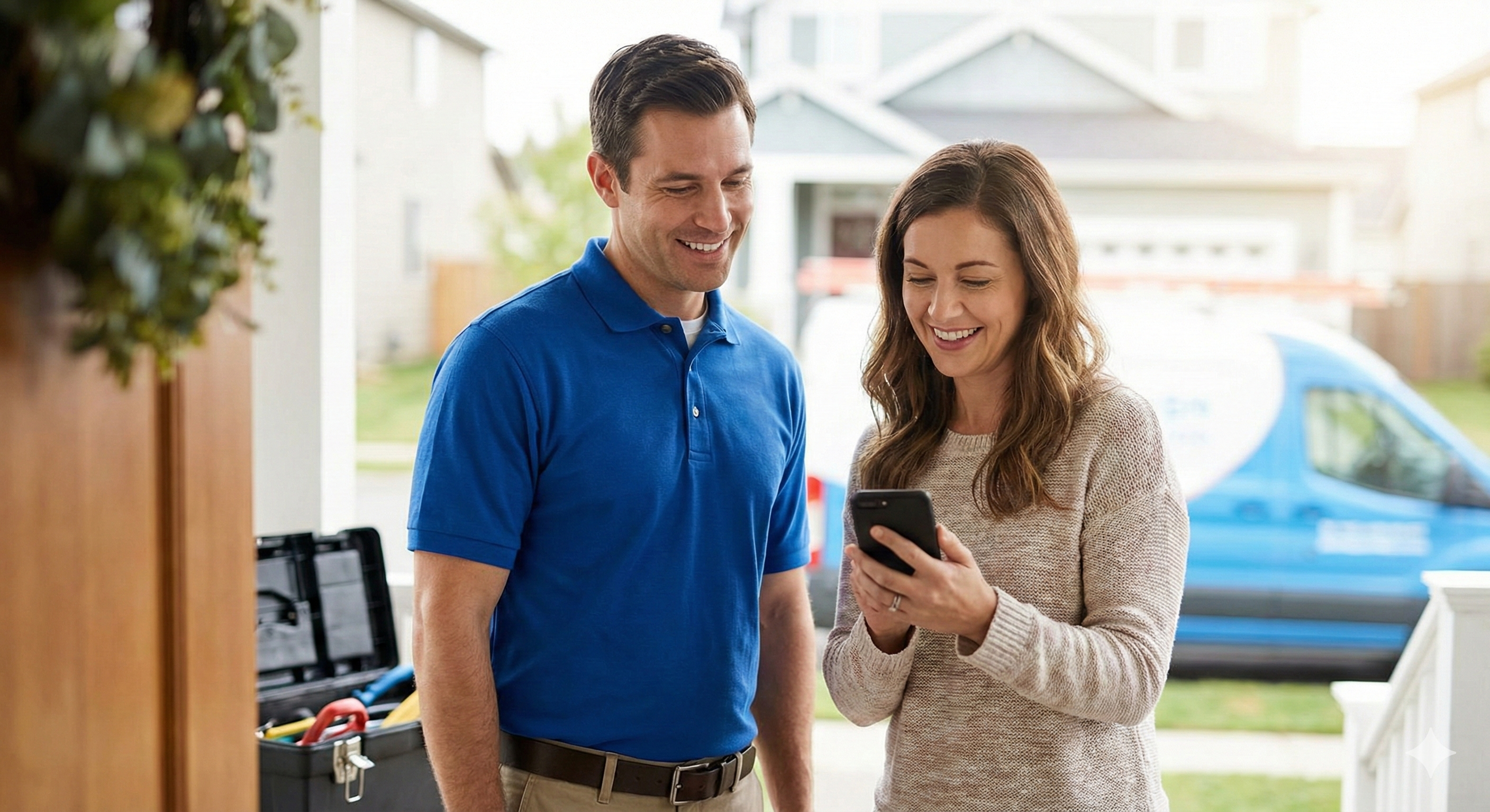 Technician and happy customer looking at a phone